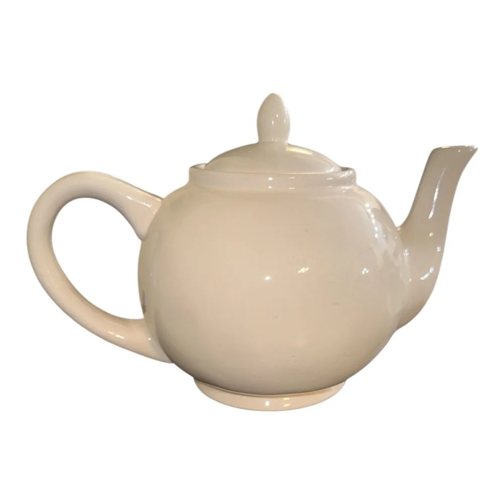 Vintage Farmhouse Ceramic Teapot, Cream Color with Tea Icon Design